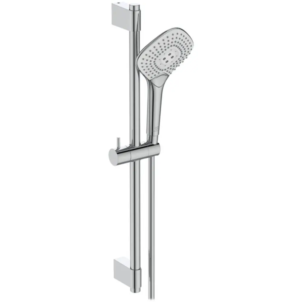Brausekombination von Ideal Standard mit einem Handbrausekopf und einer schlanken, verchromten Stange. Der Handbrausekopf weist mehrere Strahlarten auf.